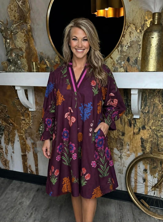 Burgundy Floral Print V-Neck Shift Dress