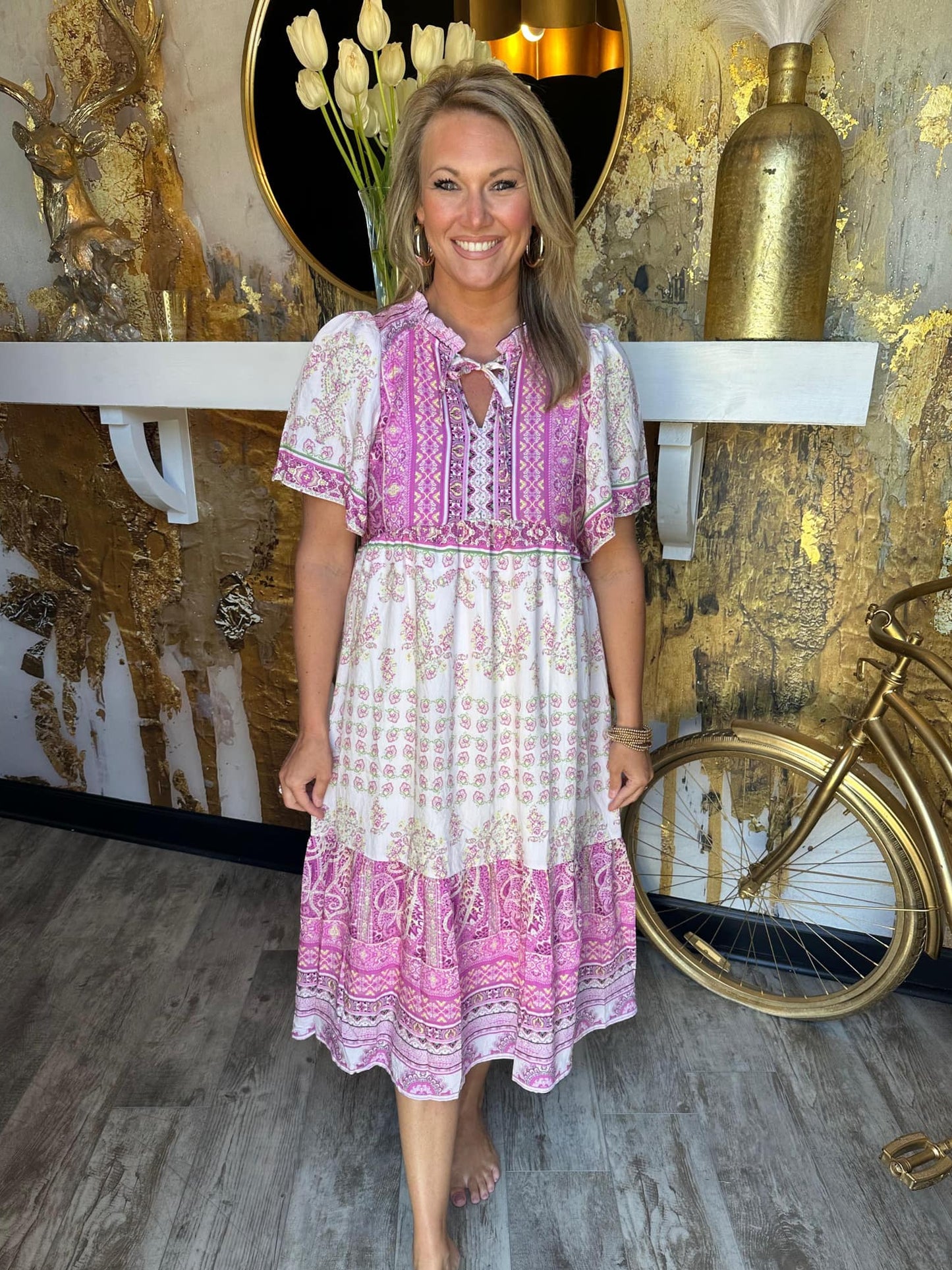 Pink Paisley V-Neck Midi Dress