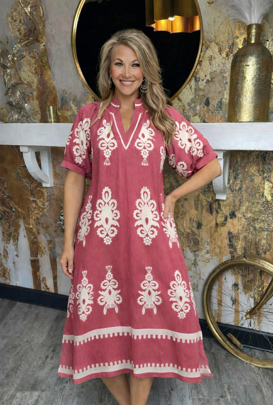 Pink Two Tone Border Print Midi Dress