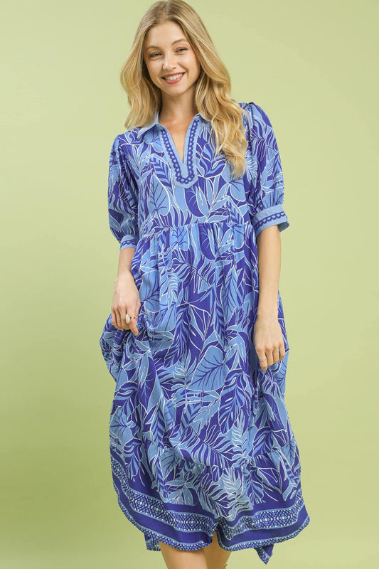 Blue Leafy Border Print V-Neck Midi Dress