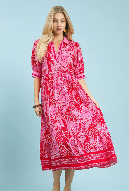 Red Leafy Border Print V-Neck Midi Dress