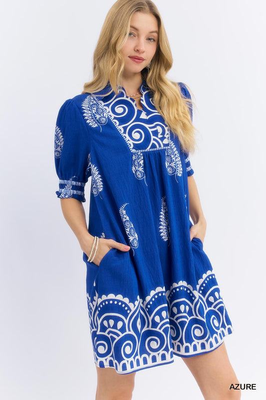 Blue Paisley Mandala Print Babydoll Dress