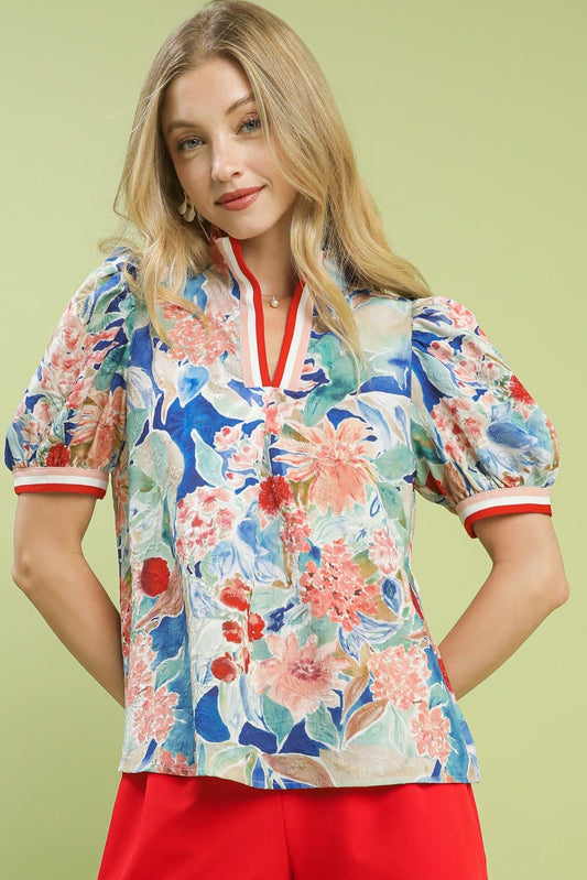 Blue Mix Jacquard Bloomscape Print Top