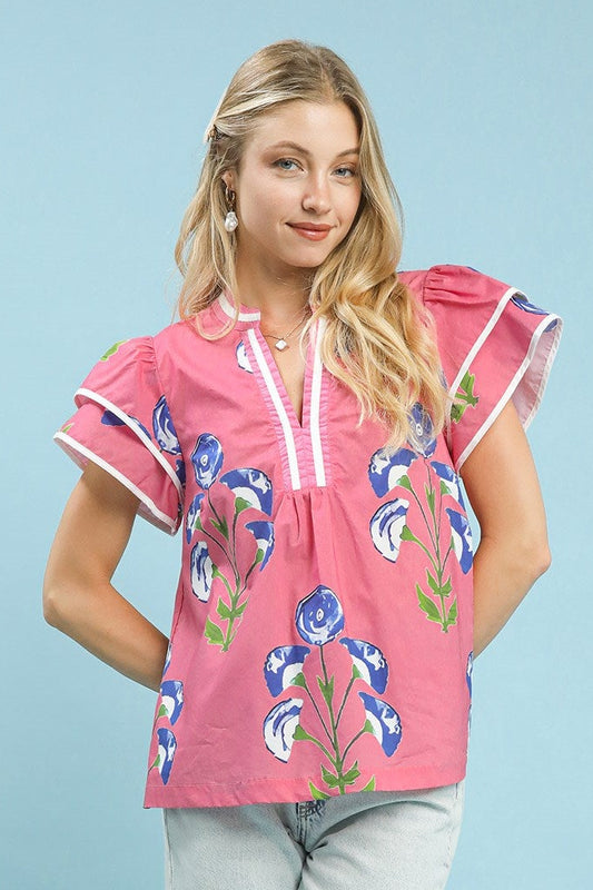 Pink Blossom Meadow Print Top