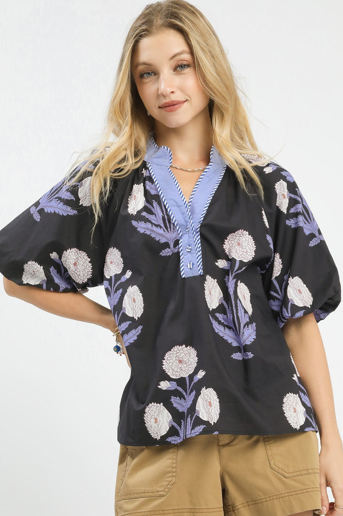 Black and Light Blue Floral Print V-Neck Top