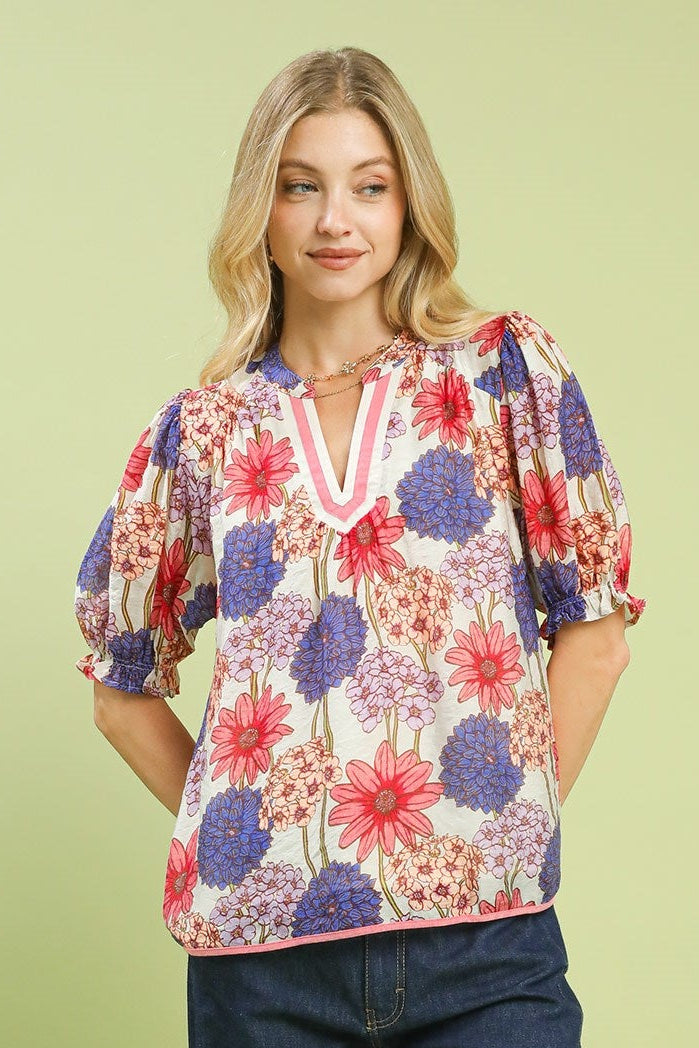 Pink Mix Floral Print Puff Sleeve Top