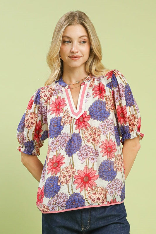 Pink Mix Floral Print Puff Sleeve Top