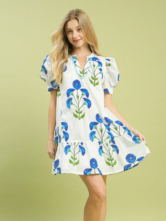 Off White Floral Print Mini Dress with Scallop Trim