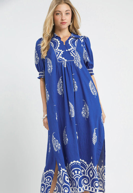 Azure Paisley Mandala Collared Maxi Dress