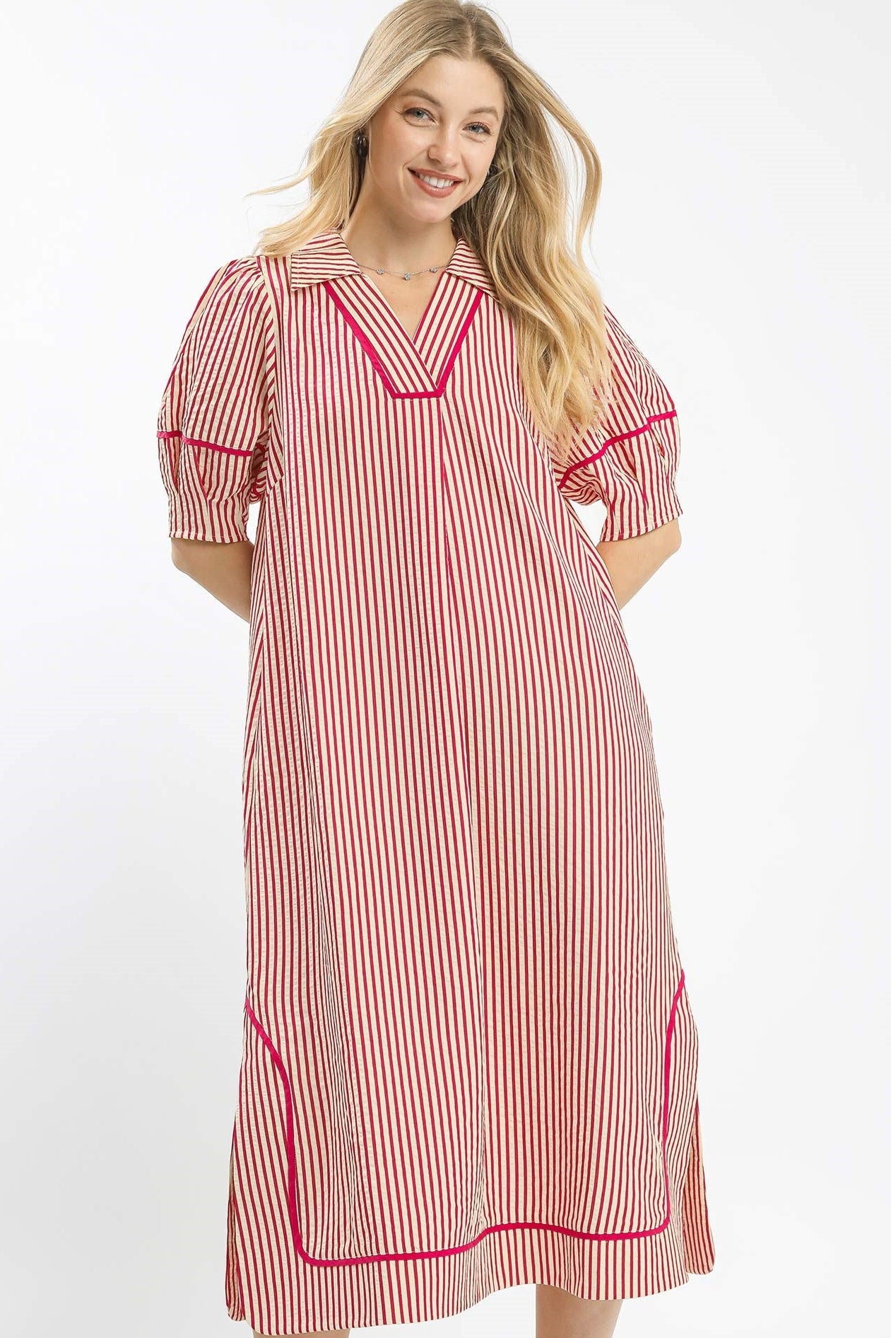 Raspberry Striped Midi Dress with Puff Sleeves