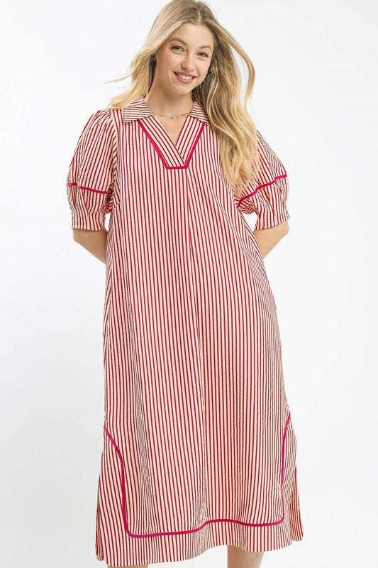 Raspberry Striped Midi Dress with Puff Sleeves