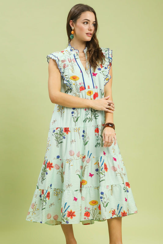 Ice Mint Floral Ruffle Tiered Maxi Dress