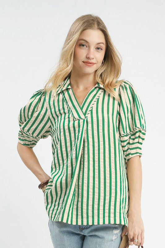 Green Striped Puff Sleeve Blouse