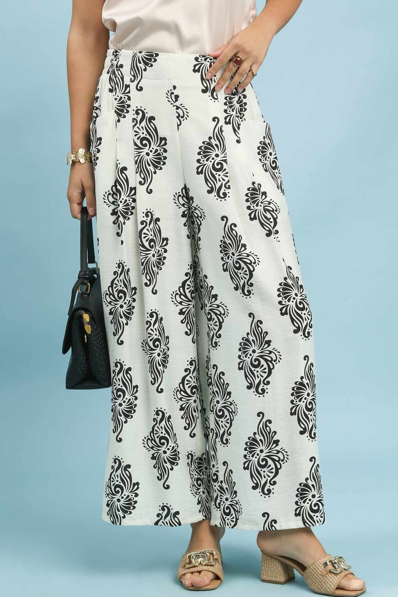 Off White Abstract Print Wide Leg Pants