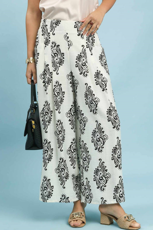 Off White Abstract Print Wide Leg Pants