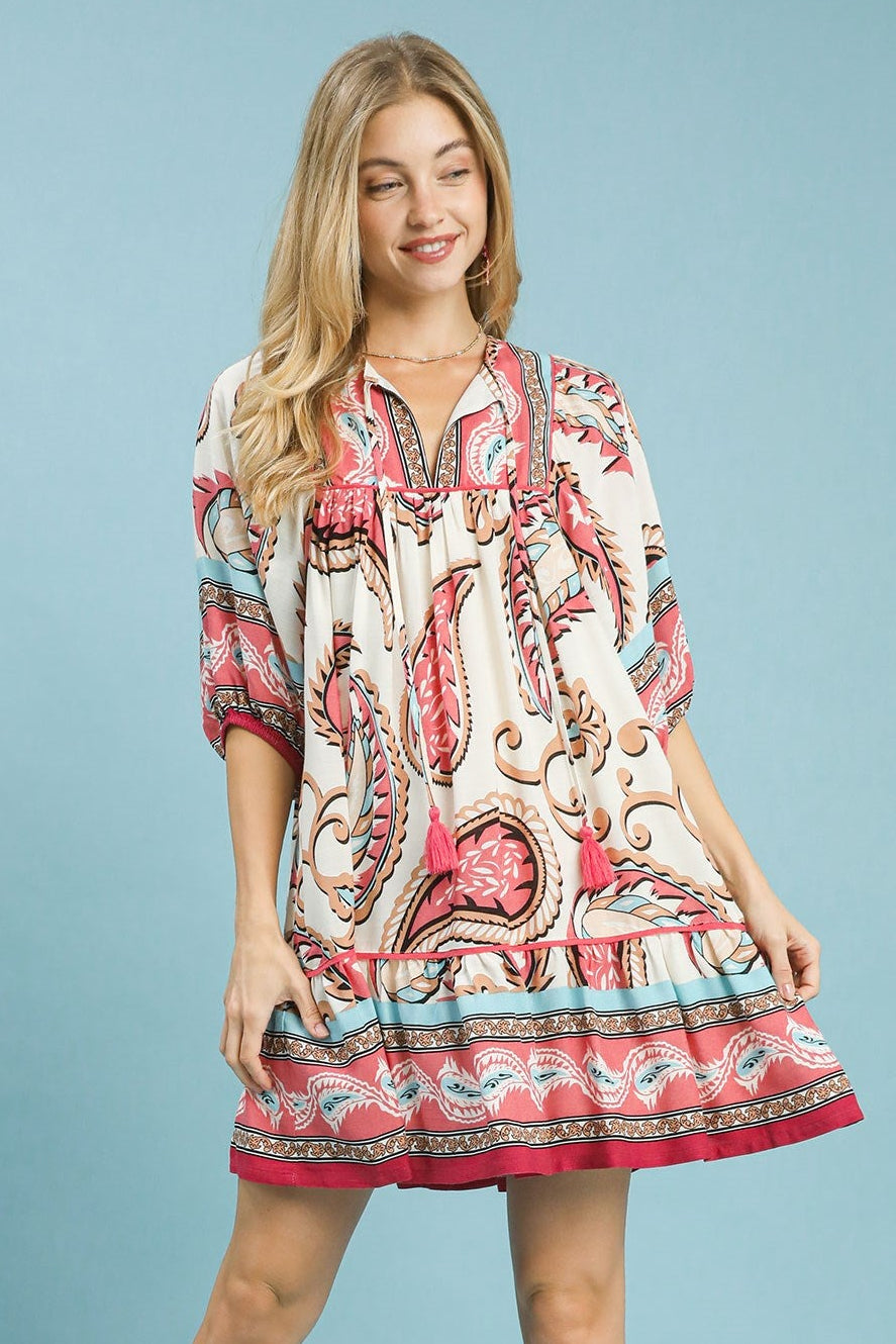 Pink Boho Paisley Tassel Tiered Dress