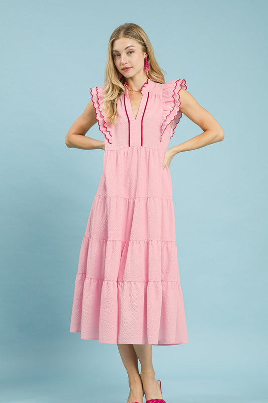 Powder Pink Seersucker Ruffle Sleeve Tiered Midi Dress