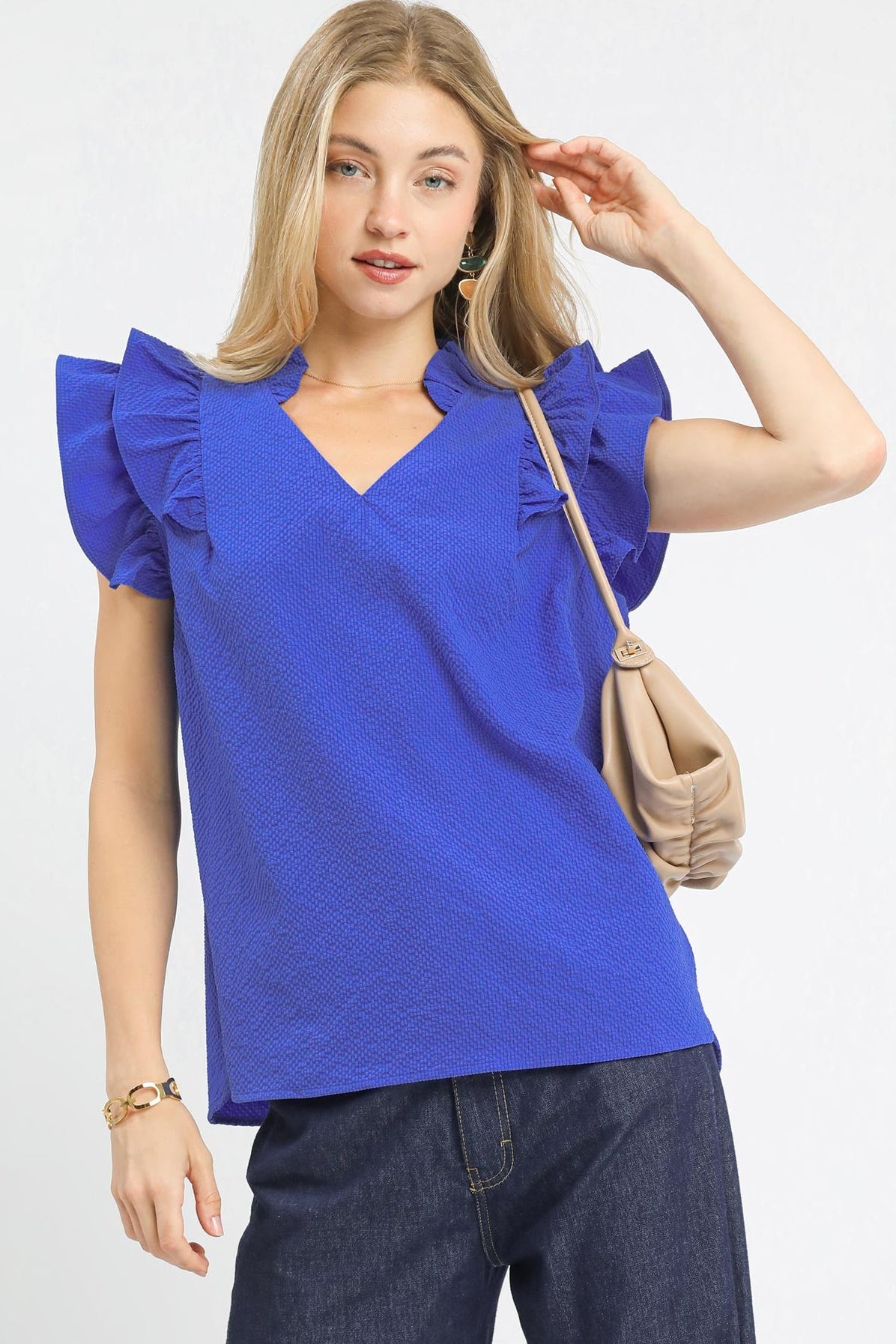 Ocean Textured Ruffle Sleeve V-Neck Blouse