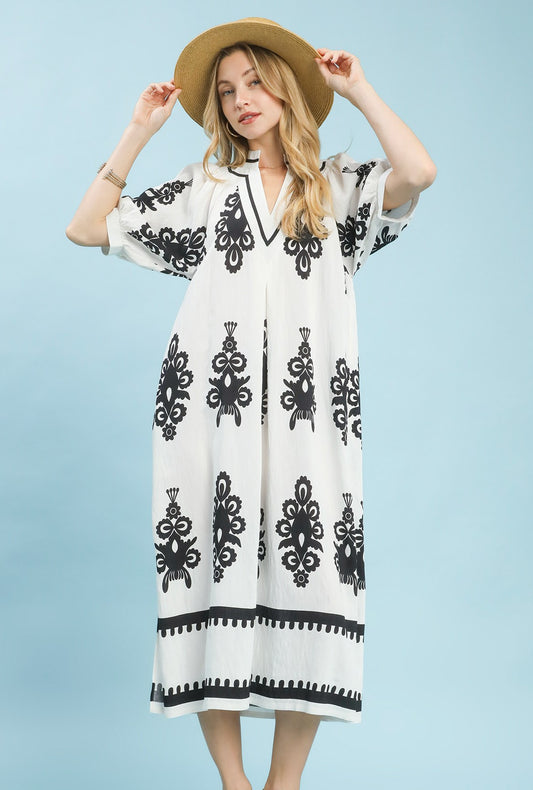 Off White Two Tone Border Print Midi Dress