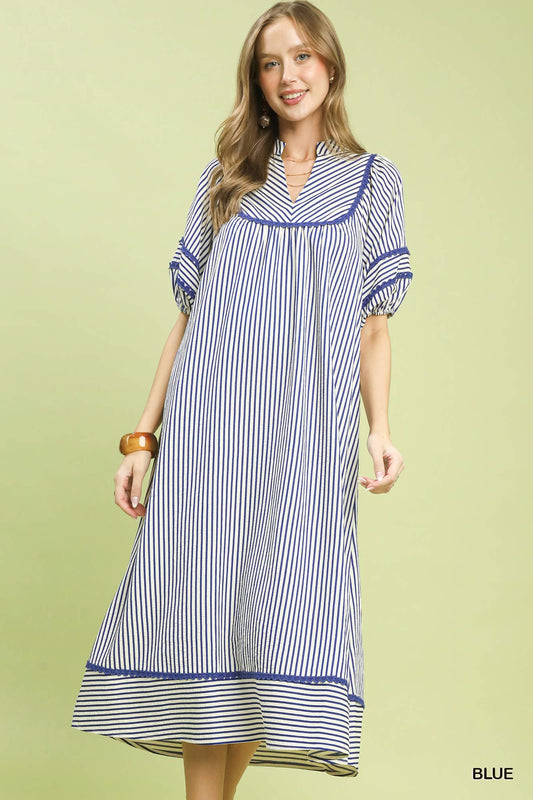Blue Striped Puff Sleeve Midi Dress