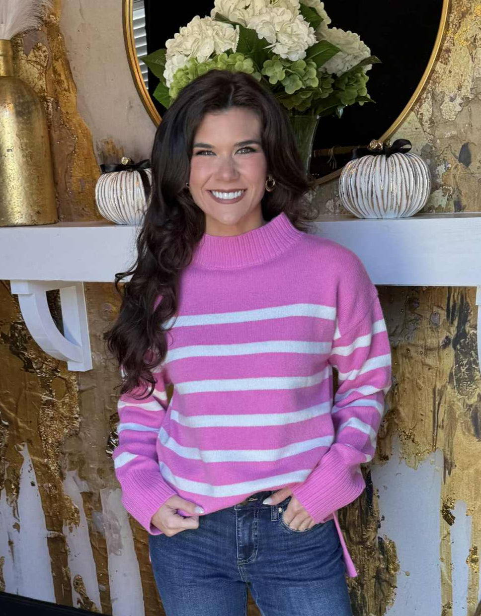 Candy Pink & Ivory Striped Mock Neck Sweater