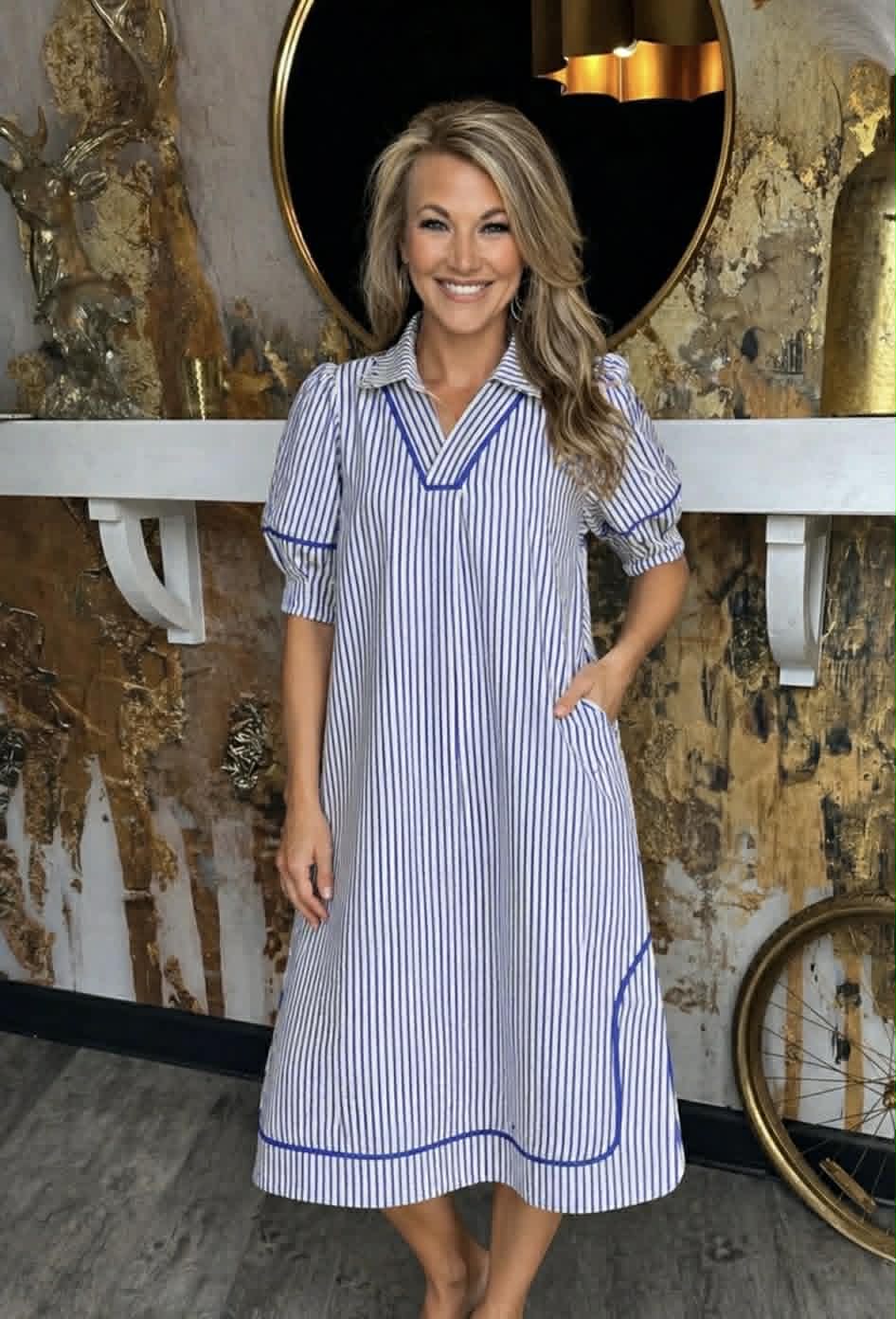 Blue Striped Midi Dress with Puff Sleeves