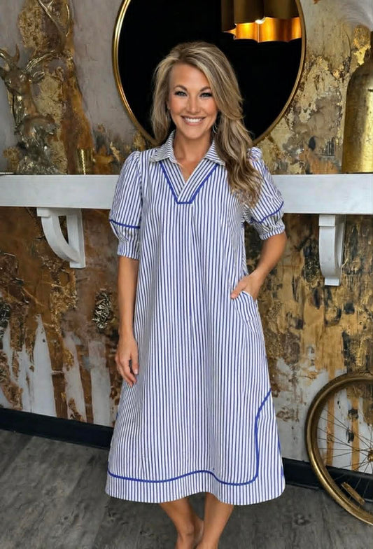 Blue Striped Midi Dress with Puff Sleeves