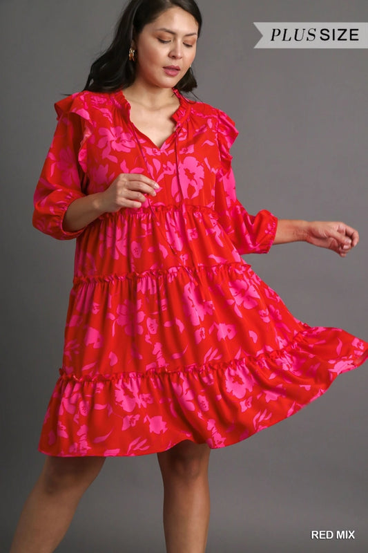 Plus Tiered Floral Print 3/4 Sleeve Ruffle Neck Tie Dress