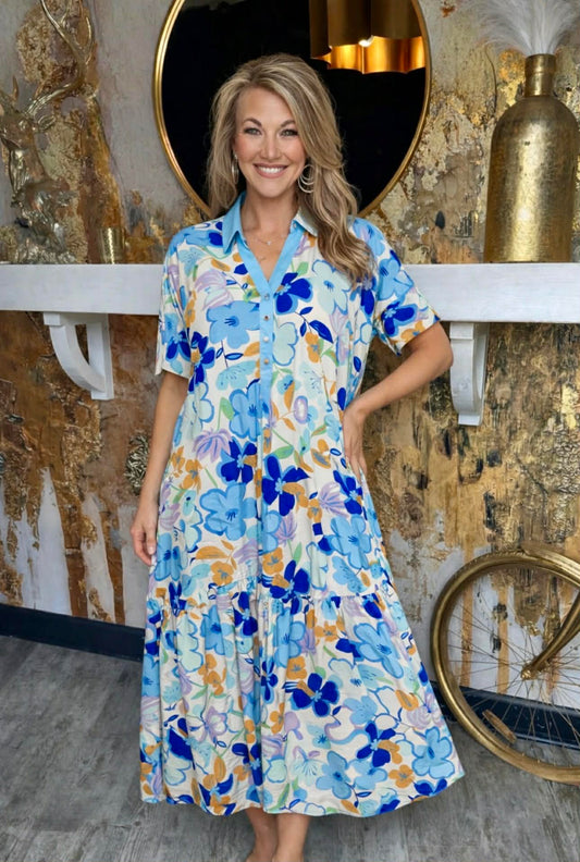 Blue Mix Floral Button Neck Collared Tiered Midi Dress