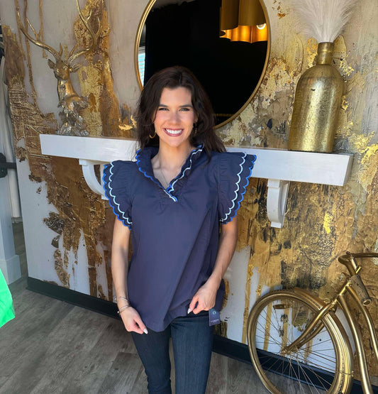 Navy Scalloped Neckline and Sleeved Top