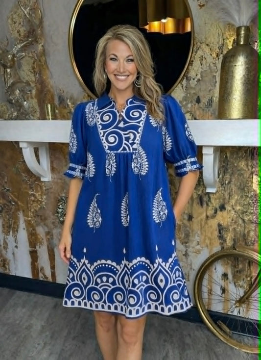 Blue Paisley Mandala Print Babydoll Dress