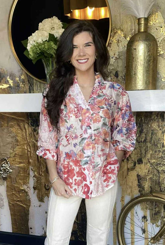 Fushia Mix Floral Printed Button Down Top