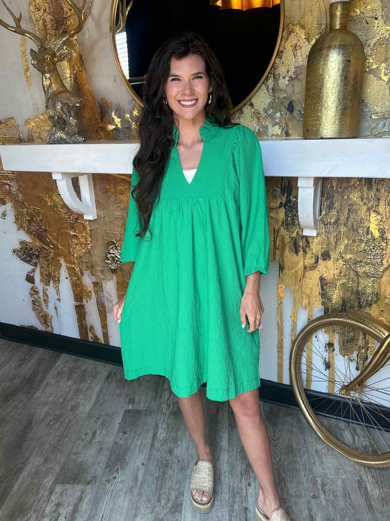 Kelly Green Textured Puff Sleeve Babydoll Dress