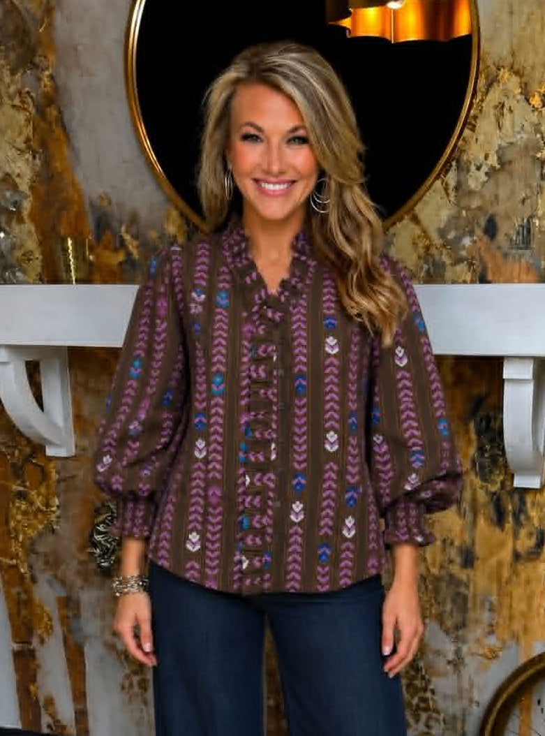 Brown Mix Striped Floral Print V-Neck Top