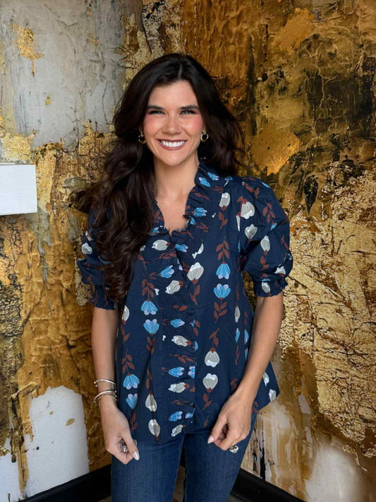 Navy Floral Ruffle Trim Puff Sleeve Blouse
