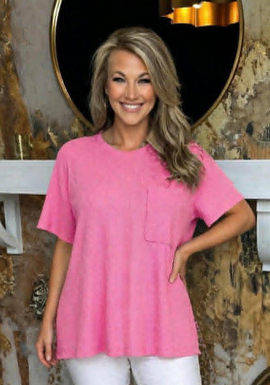 Candy Pink Raised Rib Short Sleeve Front Pocket Top