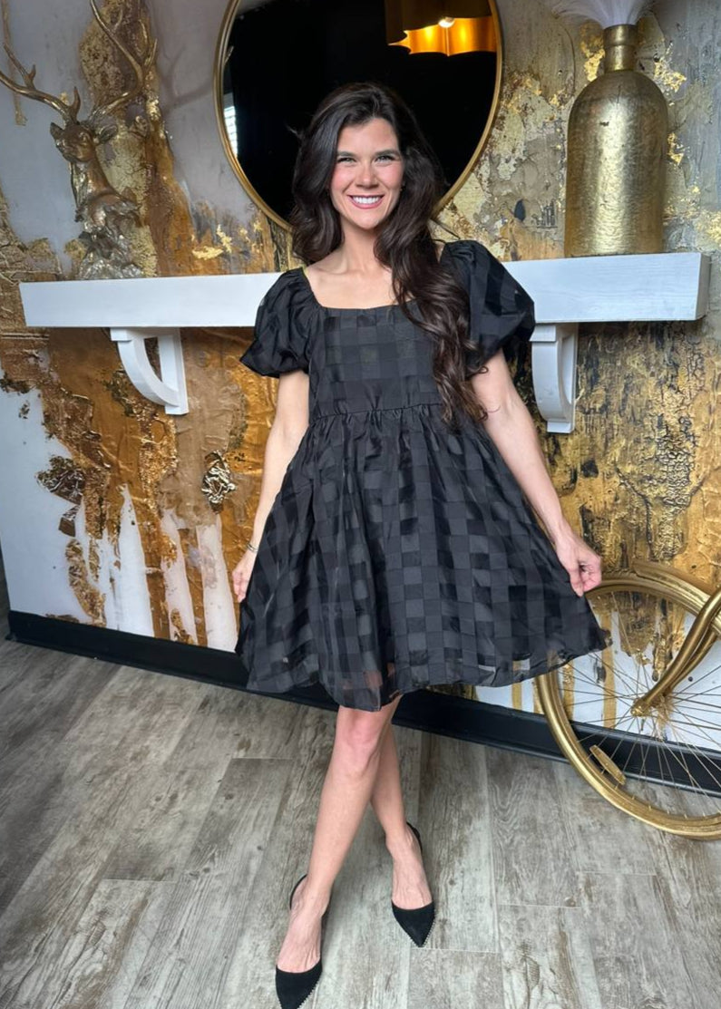 Black Checkered Organza Squared Neckline Bubble Sleeve Mini Dress