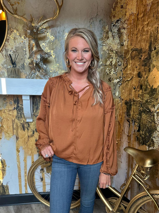 Copper Satin Ruffle Detail Boho Top