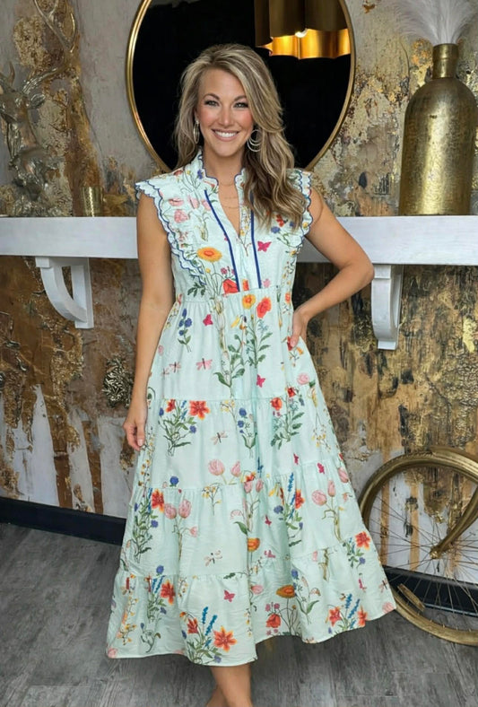 Ice Mint Floral Ruffle Tiered Maxi Dress