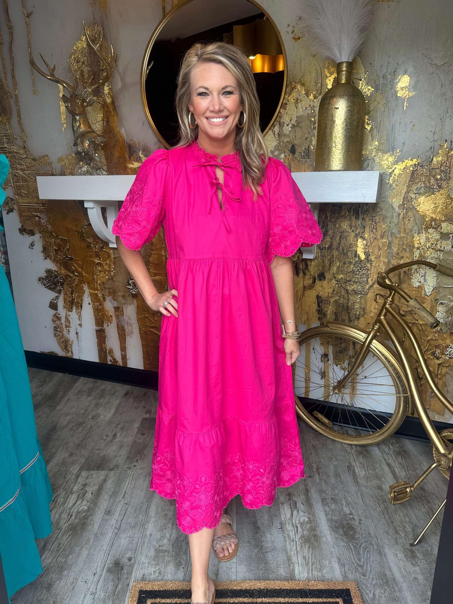 Fushia Embroidered Midi Dress