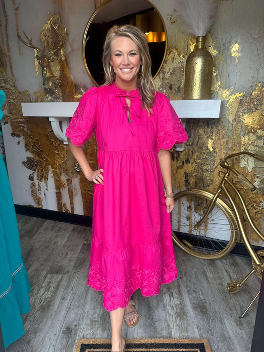 Fushia Embroidered Midi Dress