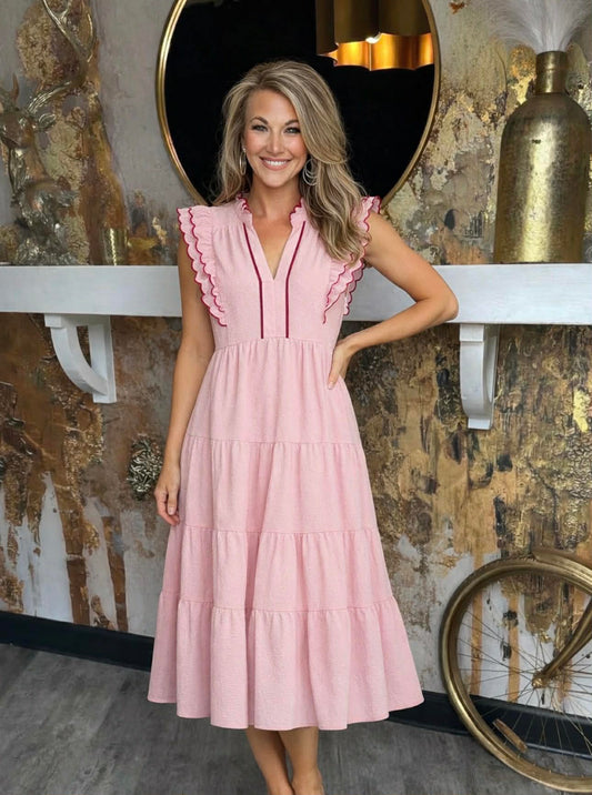 Powder Pink Seersucker Ruffle Sleeve Tiered Midi Dress
