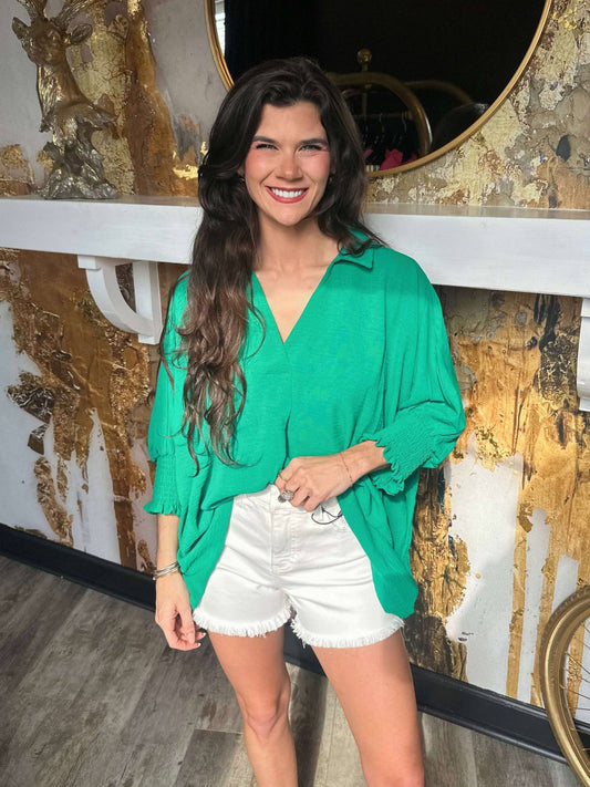 Green Airflow Collar Tee With Smocked Sleeve Band Top