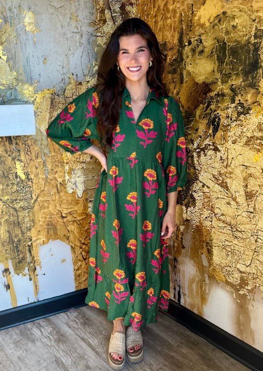Green Mix Floral Print Maxi Dress with Bubble Sleeves