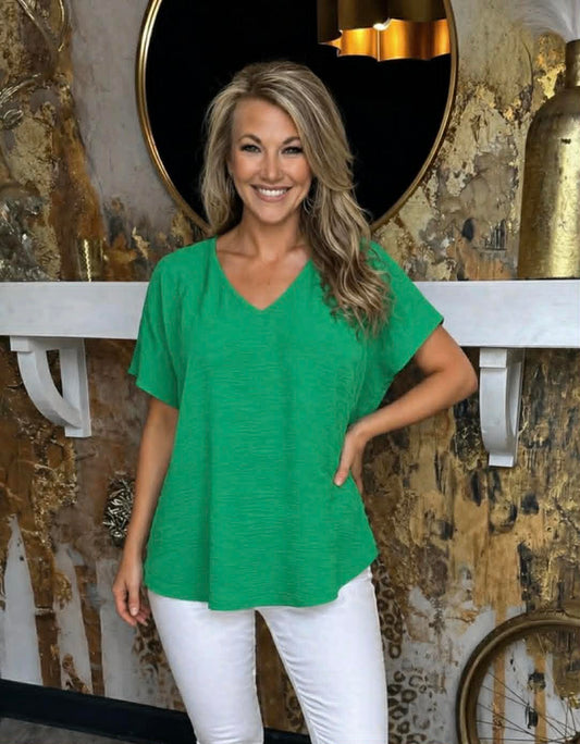 Kelly Green Woven Airflow V-neck Short Sleeve Top