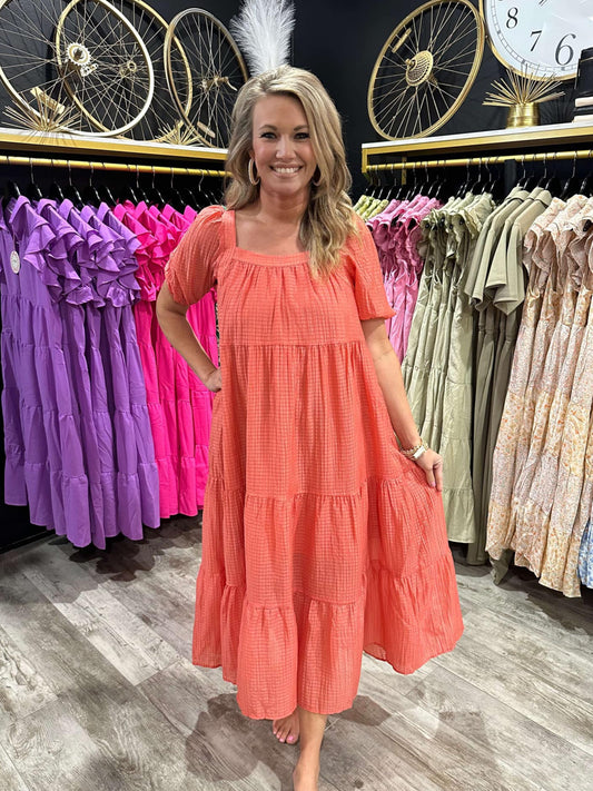 Coral Checkered Organza Maxi Dress
