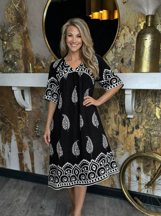 Black Printed V-neck Midi Dress