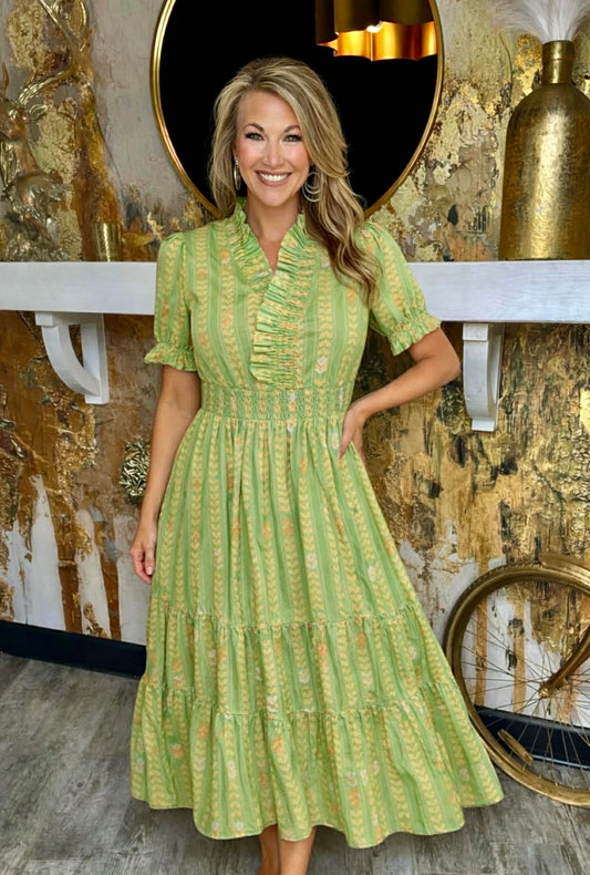 Sage Green Vibrant Ruffle Smocked Midi Dress