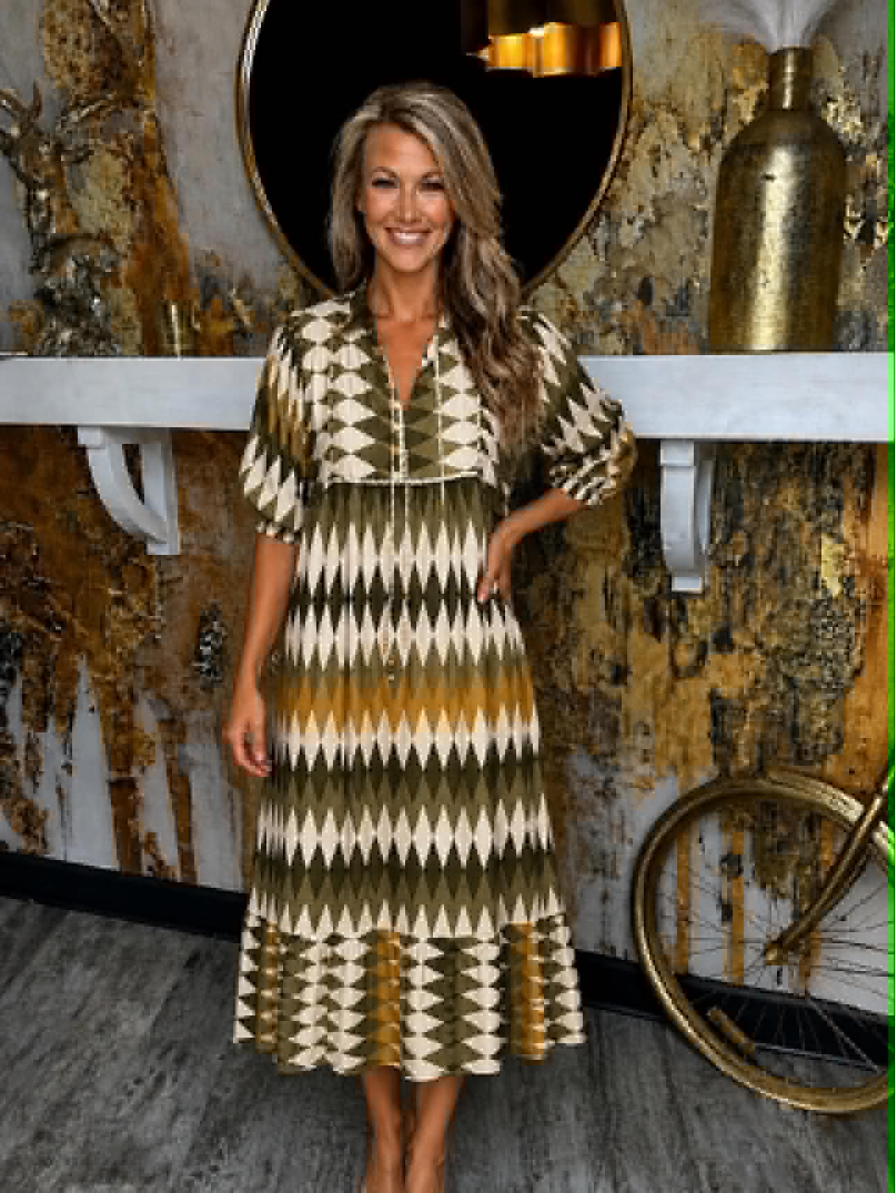 Olive Mix Diamond Print Midi Dress