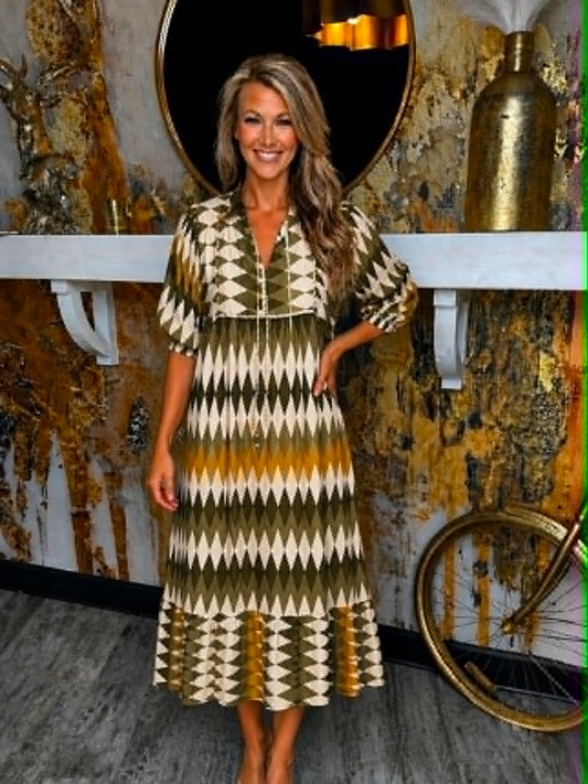 Olive Mix Diamond Print Midi Dress